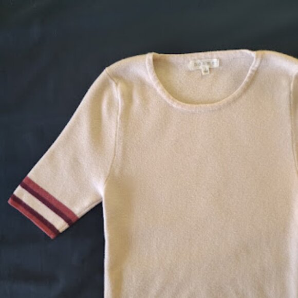 BOHME | Beige Short Sleeve Sweater Knit Top Varsity-Style Stripe Trim Shirt S - Picture 4 of 10